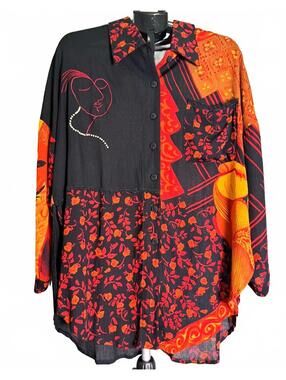 VTG KEY LIME PIE LONG SLEEVE BUTTON DOWN L ART TO WEAR TUNIC ABSTRACT BOHO NWOT